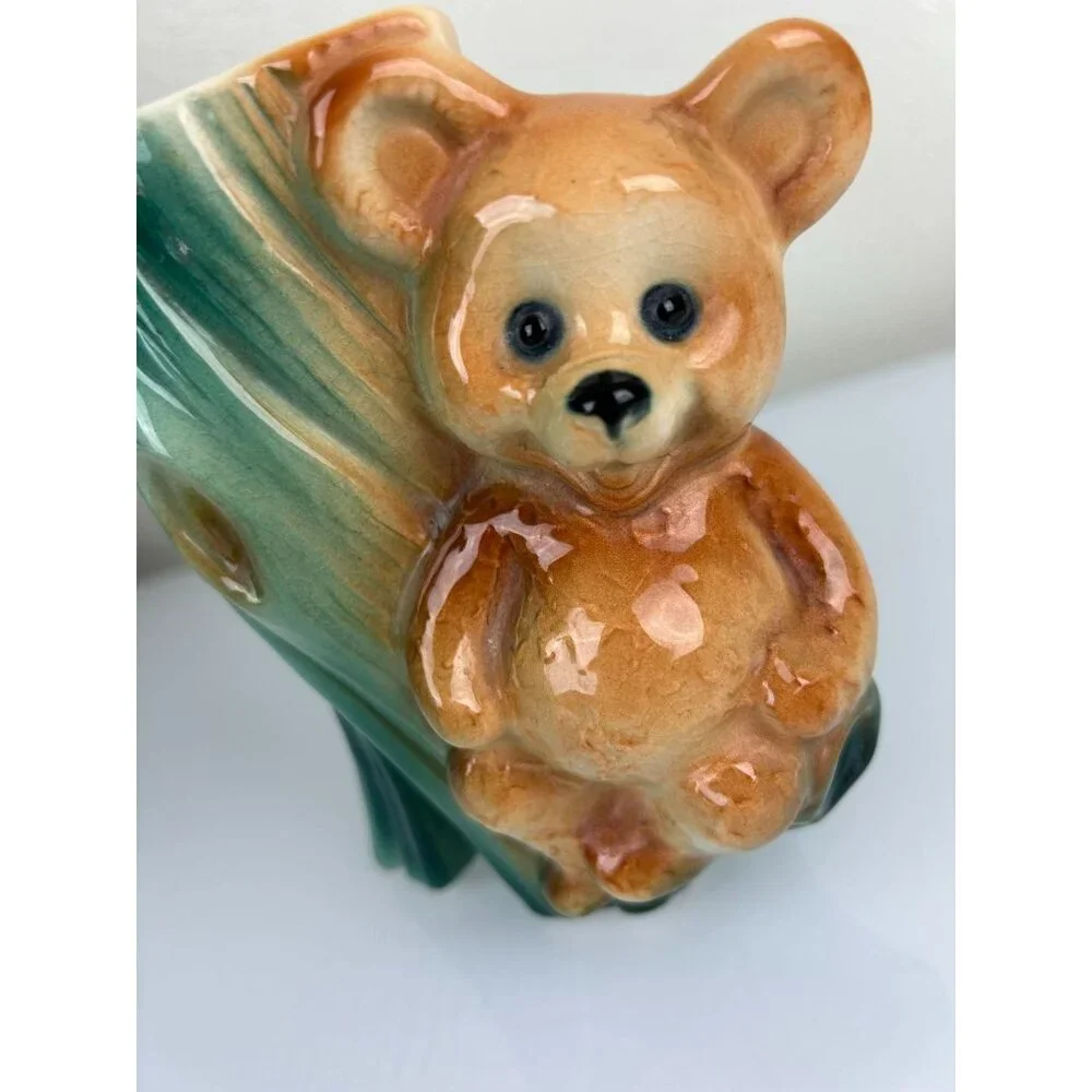 Vintage Royal Copley Bear & Tree Trunk Planter Vase Green Brown Animal Decor